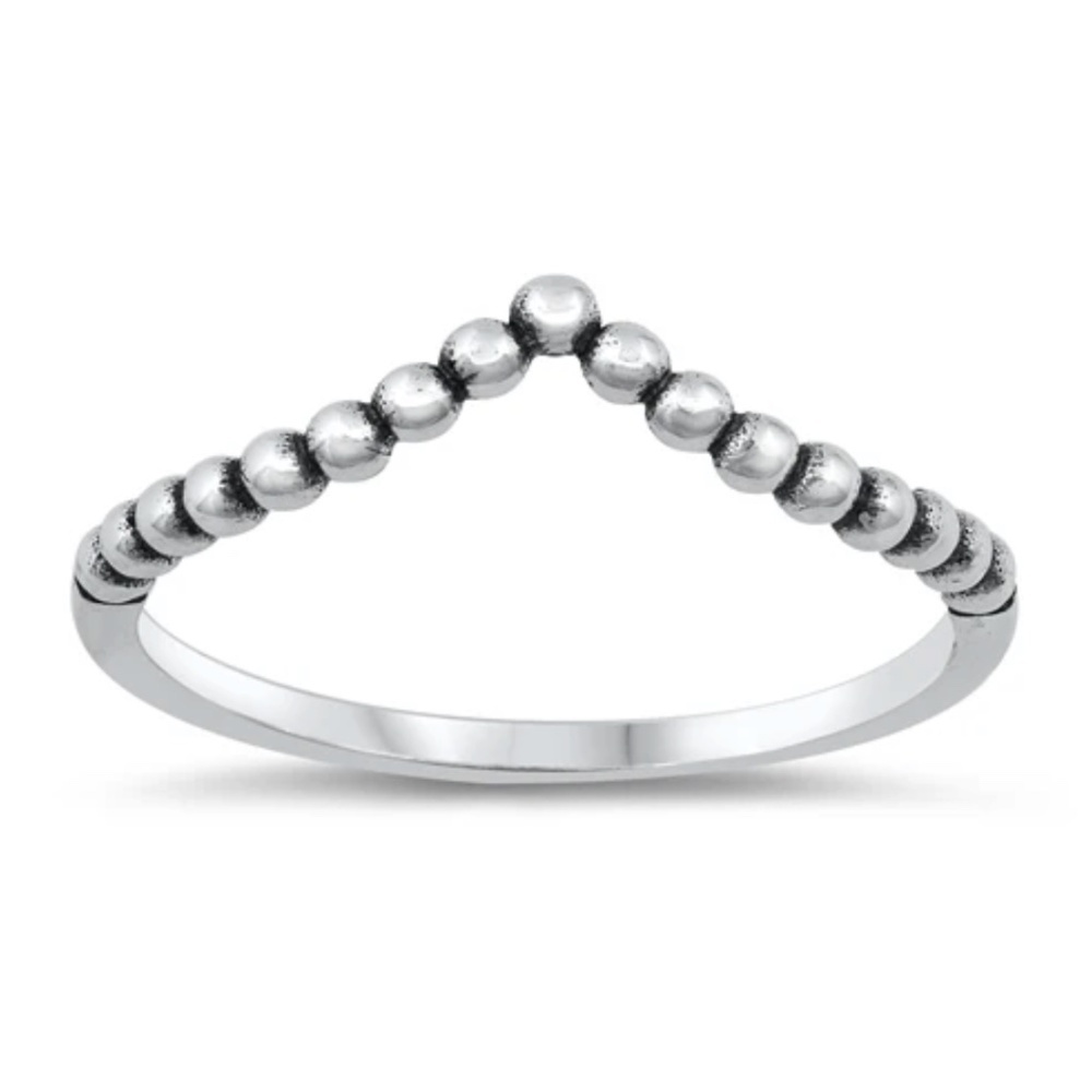 Sterling Silver V Shape Beaded Ring – 4 mm Face Height – Size 8.5